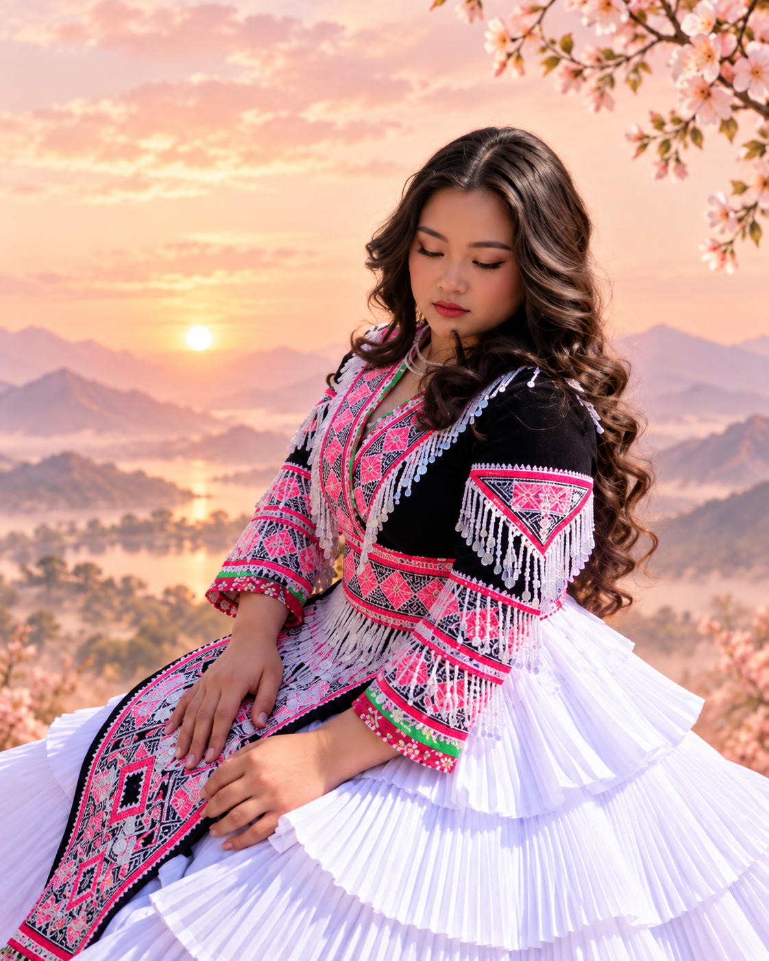 MaiTong Yang wearing a pink and black embroidered Hmong outfit with a white pleated skirt